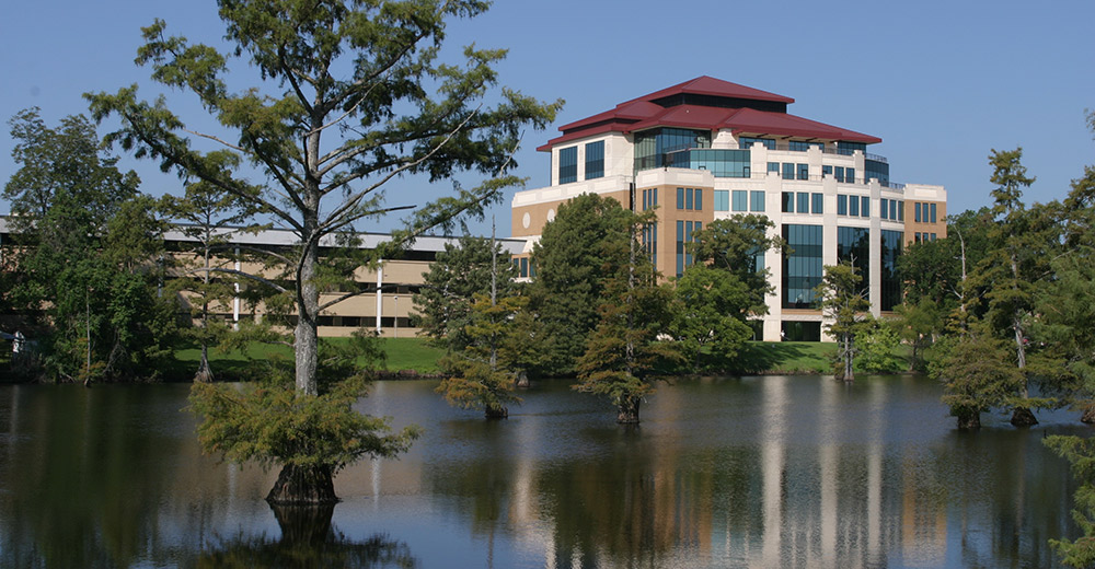 image of library and bayou fall folliage