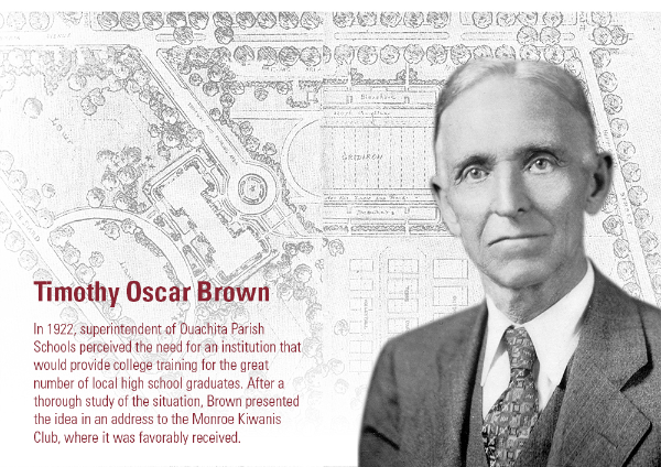 In 1922, T.O. Brown, superintendent of Ouachita Parish schools studied and presented the idea of a college training for area students.